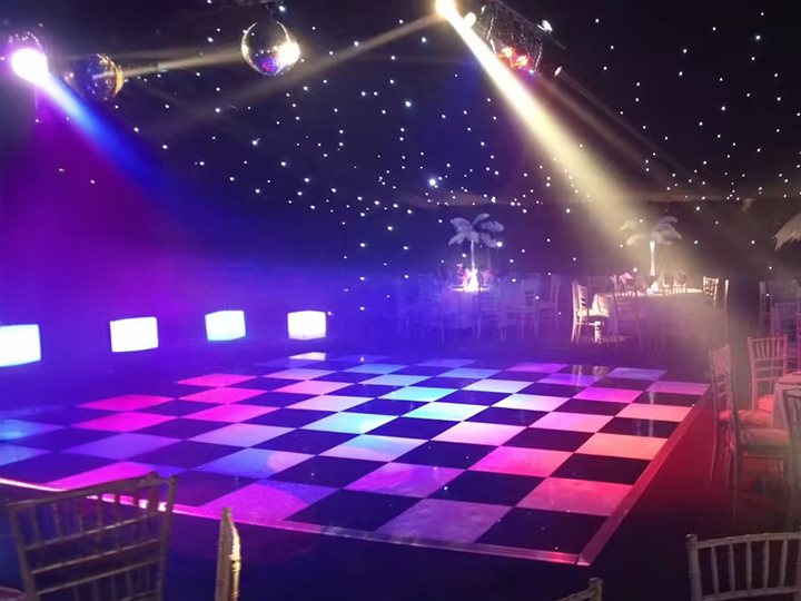 Printed dance floor with checkerboard pattern