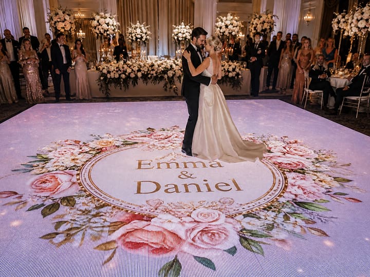 Personalized wedding dance floor displaying couple’s names