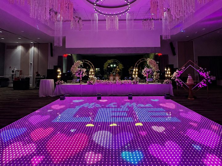 Elegant wedding event floor plan with lights.